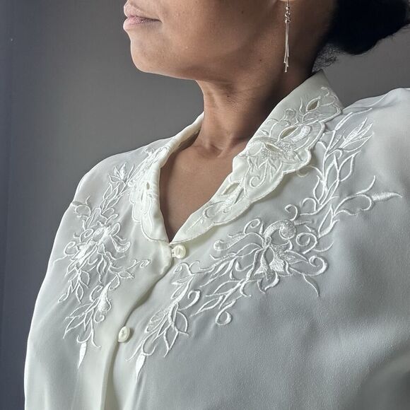 Vintage Karen Scott Button Up Blouse Fancy Collar Embroidered Ivory Womens Large - Picture 3 of 12